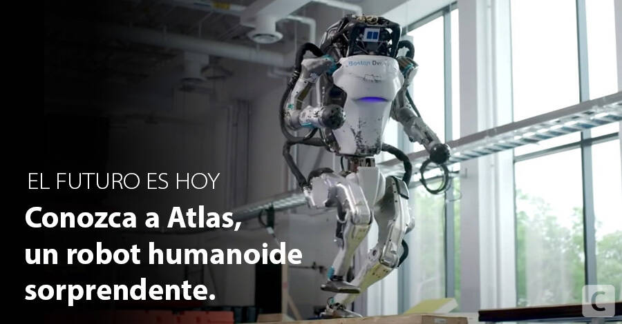 Un robot en una sala de pruebas y sobreimpreso un titular que dice: El futuro es hoy, conozca a Atlas un robot humanoide sorprendente