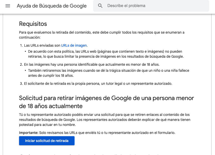 Retirar imagenes de menores de edad de los resultados de busqueda de Google