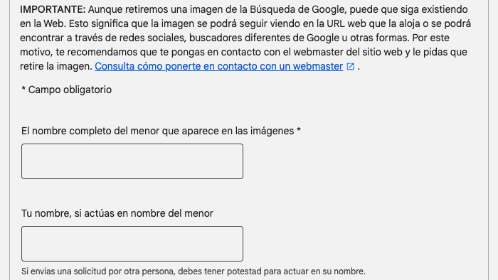 formulario para retirar imagenes de Google