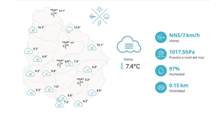 mapa de uruguay con íconos de niebla en varios departamentos