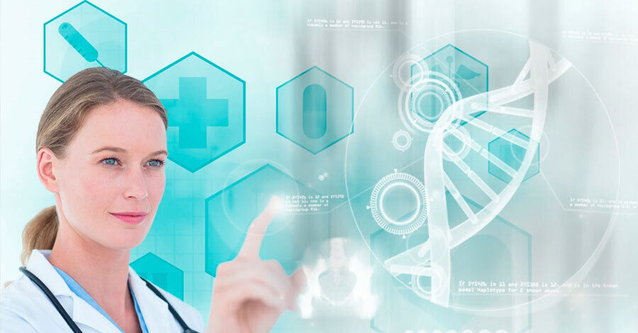 Doctora concentrada trabajando con una pantalla virtual donde se ve una cadena de ADN