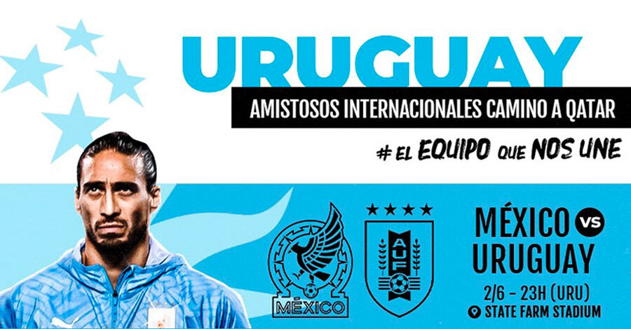 Afiche promocionando el partido de Uruguay México con una imagen de Martín Cáceres