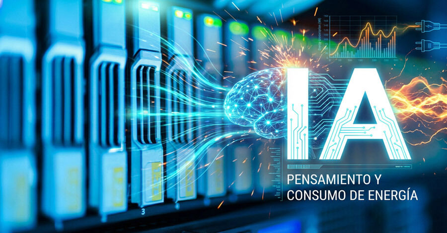 Servidores y cerebro digital simbolizando la inteligencia artificial y su consumo de energía