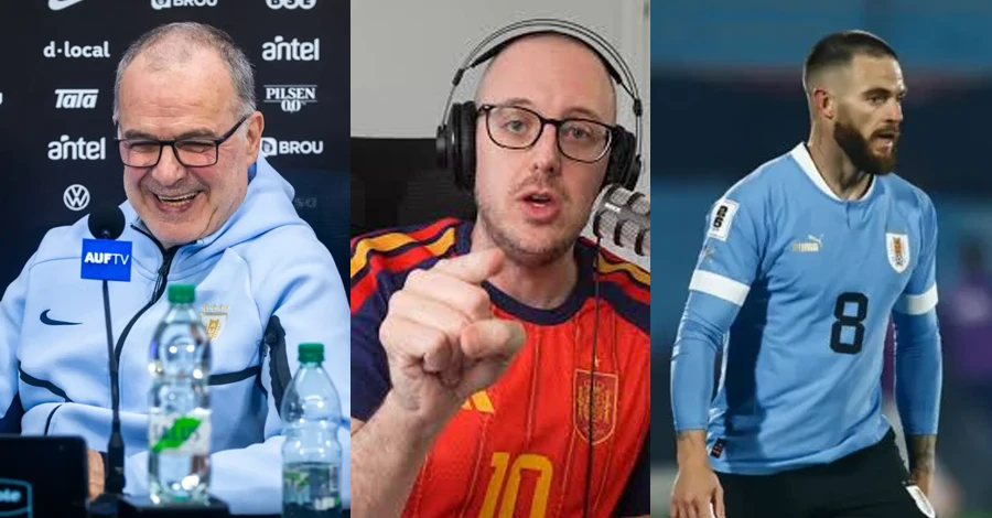 Imagen horizontal dividida en 3 partes verticales, MarceloBielsa a la izquierda, sonriendo, Josema de La locura de Bielsa, señalando y Nandez con la camiseta celeste, caminado con la mirada hacia la derecha